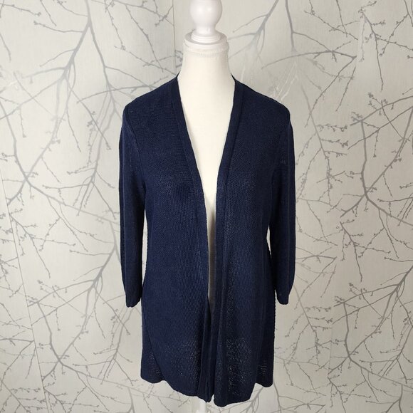 Talbots Navy 100% Linen Ribbed Knit Open Front Cardigan - Picture 1 of 6
